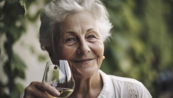 Senior woman sits in the sun with a glass of wine in hand, a blissful expression on her face. She radiates joy and contentment, enjoying the simple pleasures of life. Generative AI illustration.