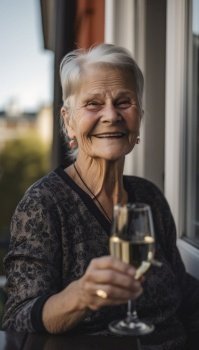 Senior woman sits in the sun with a glass of wine in hand, a blissful expression on her face. She radiates joy and contentment, enjoying the simple pleasures of life. Generative AI illustration.