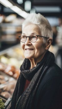 Portrait of an old senior woman with gray hair is seen grocery shopping in a brightly-lit supermarket. Generative AI illustration.
