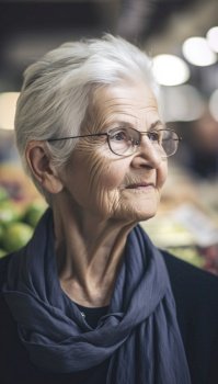Portrait of an old senior woman with gray hair is seen grocery shopping in a brightly-lit supermarket. Generative AI illustration.