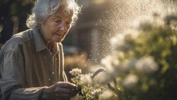 Elderly senior woman is tending to her garden with care and determination. She is surrounded by vibrant flowers and plants, and her weathered hands suggest a lifetime of hard work and experience. Despite her age, she is still actively engaged in the joys of gardening. Generative AI illustration.
