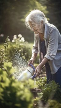 Elderly senior woman is tending to her garden with care and determination. She is surrounded by vibrant flowers and plants, and her weathered hands suggest a lifetime of hard work and experience. Despite her age, she is still actively engaged in the joys of gardening. Generative AI illustration.