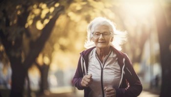 Elderly senior woman is depicted outdoors in the springtime, engaging in a physical exercise routine that reflects a healthy lifestyle. She appears to be focused and energized, with a serene expression on her face as she moves through her routine. Generative AI illustration.