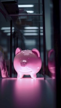 A cute pink piggy bank stands alone in a dimly lit room, symbolizing the concept of economy savings. Its cute appearance contrasts with the moody light, highlighting the importance of financial responsibility in a sometimes gloomy world. AI generative illustration