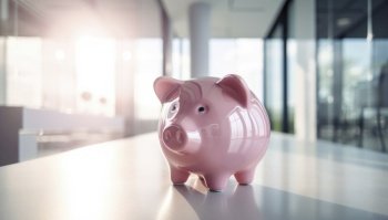 A cute pink piggy bank stands alone in a sunny lit room, symbolizing the concept of economy savings. Its cute appearance contrasts with the moody light, highlighting the importance of financial responsibility in a sometimes gloomy world. AI generative illustration