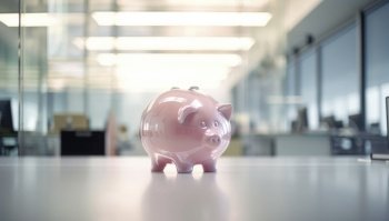 A cute pink piggy bank stands alone in a sunny lit room, symbolizing the concept of economy savings. Its cute appearance contrasts with the moody light, highlighting the importance of financial responsibility in a sometimes gloomy world. AI generative illustration