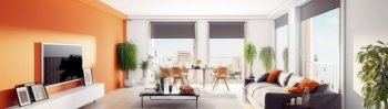 Inviting interior of a beautiful and stylish apartment, featuring soft furnishings, warm lighting, and tasteful decor. The space exudes comfort and coziness, inviting inhabitants to relax and unwind in its inviting atmosphere.. AI generative illustration