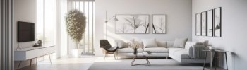 Inviting interior of a beautiful and stylish apartment, featuring soft furnishings, warm lighting, and tasteful decor. The space exudes comfort and coziness, inviting inhabitants to relax and unwind in its inviting atmosphere.. AI generative illustration