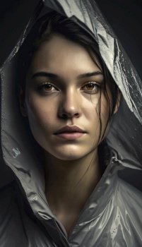 Young woman stands on a wet pavement illuminated by streetlights, donning a yellow raincoat with a hood. Her hair falls elegantly around her face, and she looks off into the distance with a serene expression despite the rain around her. AI generative illustration