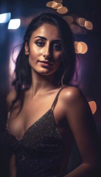 Stunning glamour model is captured in a gorgeous cocktail dress, radiating beauty and elegance. Her flawless features and poise make for a captivating image that exudes sophistication and style. AI generative illustration