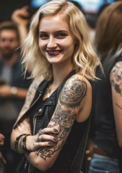 Blonde biker girl with tattoos is seen wearing a black leather jacket while attending a rider gathering. Her confident and rebellious expression, combined with the edgy outfit, conveys a strong sense of individuality and freedom. AI generative illustration