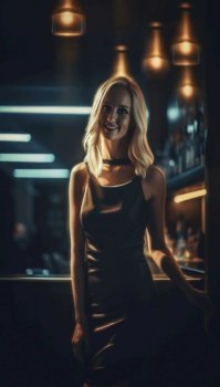 A female bartender stands confidently behind a bar in a dimly lit night club, surrounded by colorful lights that create a moody and inviting atmosphere. Stock photo perfect for party themes and events. AI generative illustration