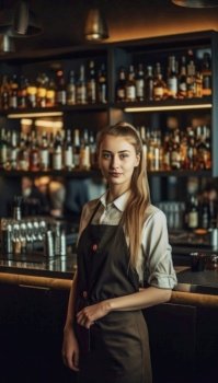 A female bartender stands confidently behind a bar in a dimly lit night club, surrounded by colorful lights that create a moody and inviting atmosphere. Stock photo perfect for party themes and events. AI generative illustration