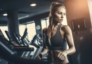 Beautiful woman engaged in a fitness routine, exercising with dedication and commitment to maintaining her health and physical well-being. With her toned physique and focused expression, she embodies the essence of the fitness concept, inspiring viewers to pursue their own wellness goals. Generative AI illustrations