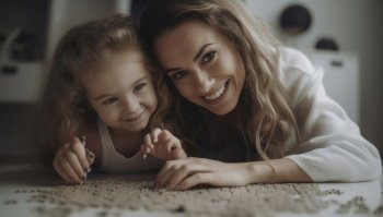 Beautiful and loving single mother, smiling alongside her cute and playful young daughter as they enjoy spending quality time together. The image exudes warmth and tenderness, capturing the special bond between a mother and her child.. Generative AI illustrations
