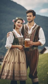 German couple is captured raising their beer mugs in celebration of Oktoberfest. The woman wears a traditional dirndl dress while the man sports lederhosen. Their smiles convey joy as they clink their glasses in a toast, surrounded by a bustling atmosphere of fellow revelers. Generative AI illustrations