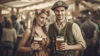German couple is captured raising their beer mugs in celebration of Oktoberfest. The woman wears a traditional dirndl dress while the man sports lederhosen. Their smiles convey joy as they clink their glasses in a toast, surrounded by a bustling atmosphere of fellow revelers. Generative AI illustrations