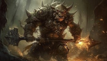 Fearsome orc warrior wields a massive weapon with rage in his eyes. His grotesque features, marked by a harsh and cruel demeanor, make him a formidable foe to any who might cross his path. Generative AI illustrations