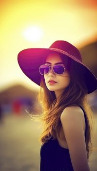 Stylish and attractive young woman, dressed in fashionable beachwear, striking a pose on a sun-drenched beach. She exudes confidence and a carefree attitude, making the most of the summer sun and enjoying her time by the sea. Generative AI illustrations