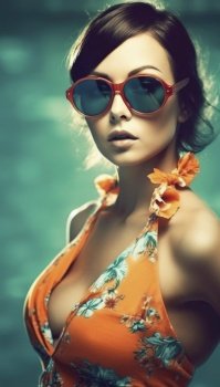 Stylish and attractive young woman, dressed in fashionable beachwear, striking a pose on a sun-drenched beach. She exudes confidence and a carefree attitude, making the most of the summer sun and enjoying her time by the sea. Generative AI illustrations