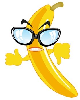 Comic illustration of the fruit banana bespectacled and with hand. Fruit banana cartoon on white background is insulated