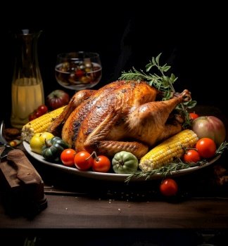 Roasted whole turkey served on plate with corn cobs, apples, paprika and herbs on rustic table at dark background. Still life
