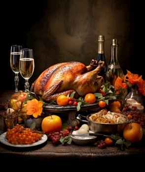 Thanksgiving still life with whole roasted stuffed turkey, served on vintage plate on rustic table with wine and various other foods. Front view. Generative Ai content