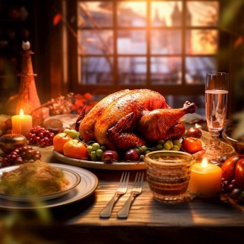 Cozy Thanksgiving dinner table with roasted whole turkey, candles, foods and wine at window background. Front view