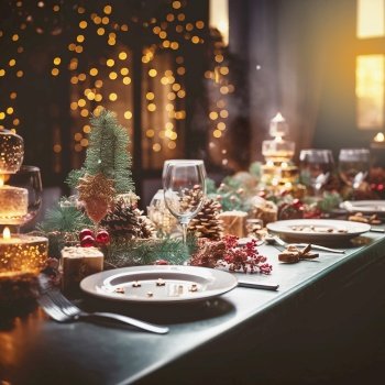 Festive table set for Christmas dinner with decoration, candles, cones and fir branches at event bokeh background