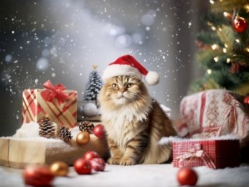  Fluffy cat in Santa hat is sitting at Christmas tree and festive packaged gifts at snowfall background