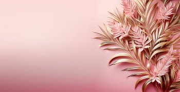  Beautiful pastel pink border background with golden palm leaves and copy space. Banner