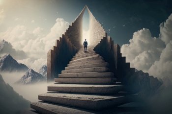 surreal concept of a person climbing stairs. Illustration Generative AI 