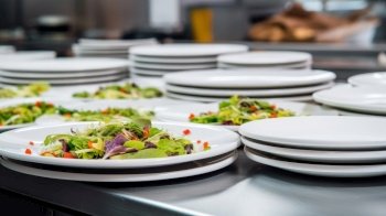 Many plates of vegetable salad in commercial kitchen Illustration Generative AI
