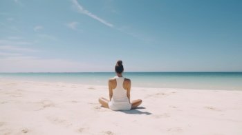 Woman meditation on beach. Illustration Generative AI
