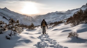 Man hiking in winter mountain. Illustration Generative AI
