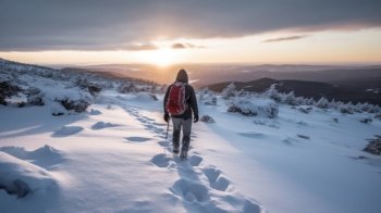 Man hiking in winter mountain. Illustration Generative AI
