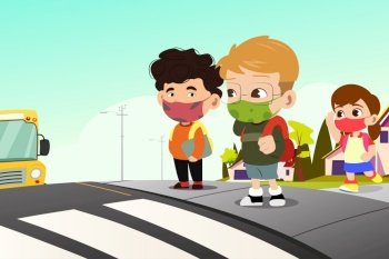 A vector illustration of School Kids Wearing Masks Waiting For School Bus