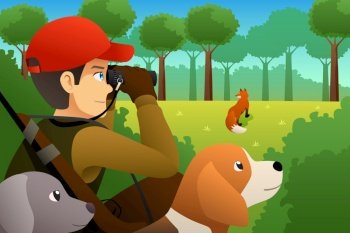 A vector illustration of Hunter With His Dog Hunting a Fox