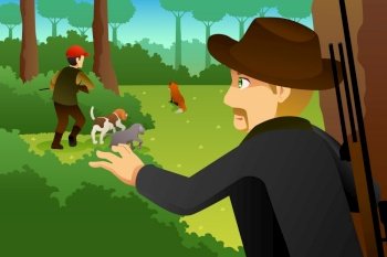 A vector illustration of Hunter With His Dogs Hunting a Fox
