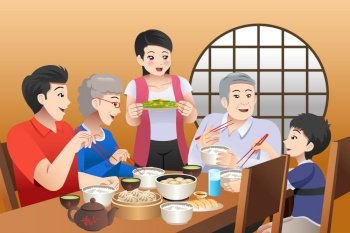 A vector illustration of Chinese Family Eating Together at Home
