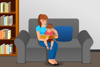 A vector illustration of Mother Reading to Her Daughter At Home 