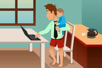 A vector illustration of Man Carrying His Child While Working from Home 