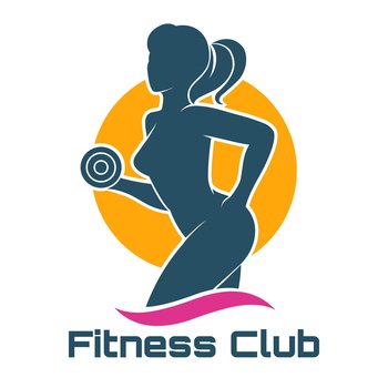 Fitness club logo or emblem. Woman holds dumbbell. Isolated on white background.