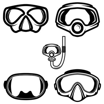 Set of Illustrations of diver masks. Design element for logo, label, sign, emblem, poster. Vector illustration