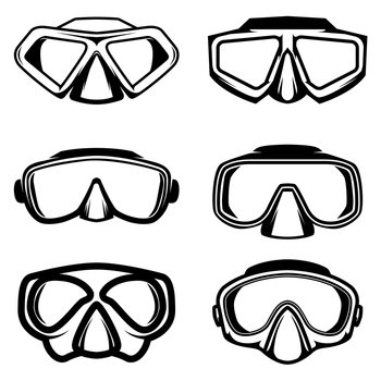 Set of Illustrations of diver masks. Design element for logo, label, sign, emblem, poster. Vector illustration