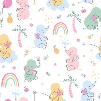 Kid elephant seamless pattern. Elephants and palm tree wallpaper. Cute funny animals scandinavian style for baby, kid wildlife nowaday vector print pattern baby with elephant animal. Kid elephant seamless pattern. Elephants and palm tree wallpaper. Cute funny animals scandinavian style for baby, kid wildlife nowaday vector print