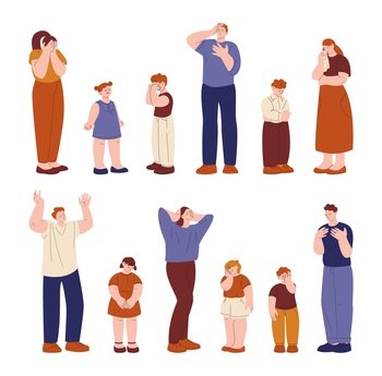 Emotional kids and adults. Family crying, depressed people cry and grief. Anguish characters, woman in depression sobbing. Unhappy kicky vector humans. Illustration of depression emotion relationship. Emotional kids and adults. Family crying, depressed people cry and grief. Anguish characters, woman in depression sobbing. Unhappy kicky vector humans