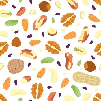 Nuts seamless pattern. Abstract mix seeds, raw ingredients, dried fruits and nut. Fresh vegan food print, beans, hazelnut decent vector background. Illustration of seamless pattern nuts and peanut. Nuts seamless pattern. Abstract mix seeds, raw ingredients, dried fruits and nut. Fresh vegan food print, beans, hazelnut decent vector background