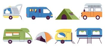 Summer camping transport. Vintage auto caravans, campers and trailers. Outdoor home on wheels, camp tent. Trip or adventure retro vehicle decent vector set. Illustration of transportation vacation. Summer camping transport. Vintage auto caravans, campers and trailers. Outdoor home on wheels, camp tent. Trip or adventure retro vehicle decent vector set