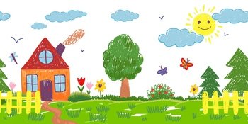 Kids drawing garden. Child crayon pastel picture with home flower and fence. Cloud in sky, little kid paint. Farm family house childish vector seamless pattern. Illustration of garden crayon drawing. Kids drawing garden. Child crayon pastel picture with home flower and fence. Cloud in sky, little kid paint. Farm family house childish neoteric vector seamless pattern